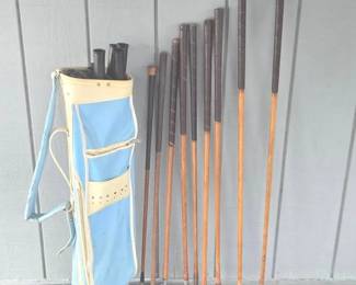 Set Of Antique Hickory Shafted Golf Clubs With Bag