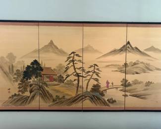 Japanese Four Panel Screen Byobu 71 X 36 Inches