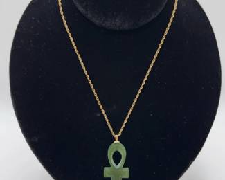 Vintage Egyptian Ankh Jade Pendant On Gold Filled Chain
