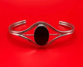 Vintage Sterling Bangle Bracelet with Black Stone