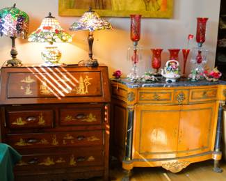 Secretary and marble top buffet w lamps