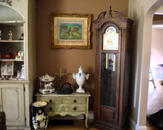 Clock green table w drawers etc