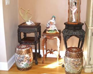 Plant stands and garden stools with figurines
