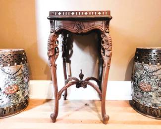 Garden Stools and Carved Plant Stand