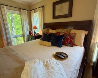 Henredon Louis Philippe cherry king size sleigh bed adorned with linens by Ann Gish, Frontgate, Peacock Alley and Frontgate