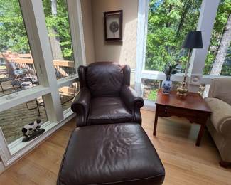 Oversized leather wingback and ottoman
