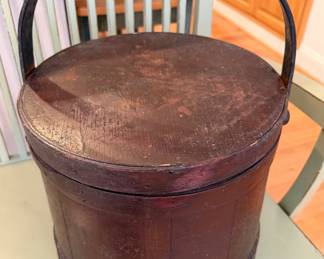 Early 19th Century Primitive Wooden Firkin with Original Lid, retaining faint hand-lettered ‘FLOUR’ marking and partial date. A beautifully preserved piece of early American pantry history with rich, untouched patina.”