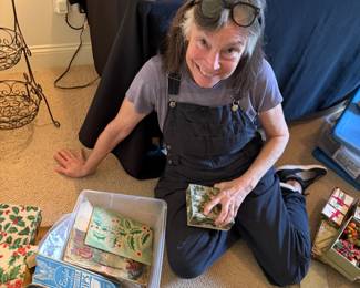 Ginny smiling as always!! Digging through antique/vintage Christmas decorations.