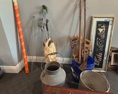 antique tools, jug, bucket, glass walking stick