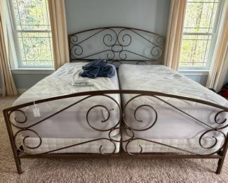 Ornate Scroll Metal King Bed Frame with Two Twin Mattresses
