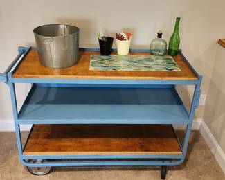 Vintage Blue Metal and Wood Utility Cart