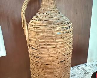 Vintage Wicker-Covered Glass Demijohn Bottle with Handle