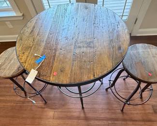Round Reclaimed Wood Bar Table with Two Industrial Stools