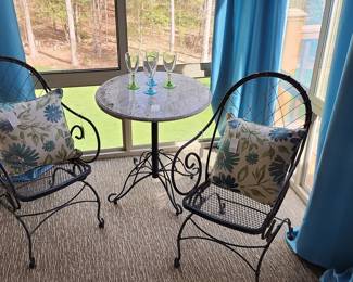 Wrought Iron Bistro Set with Granite Top Table and Decorative Pillows