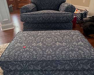 Traditional Damask Upholstered Armchair and Ottoman Set
