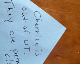 Handwritten Note: Cherrico is Out of UT. They are closed perm.