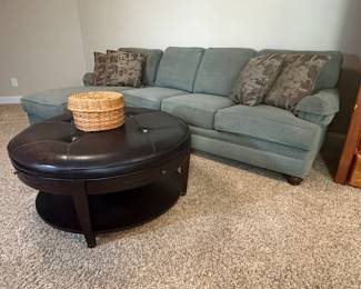 Teal Blue Sectional Sofa with Tufted Leather Ottoman