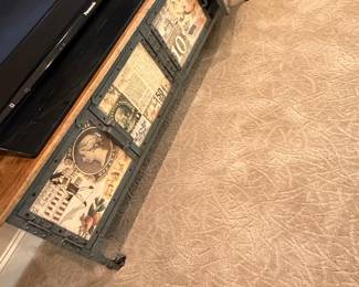 Industrial Style Media Console with Vintage Stamp Graphics