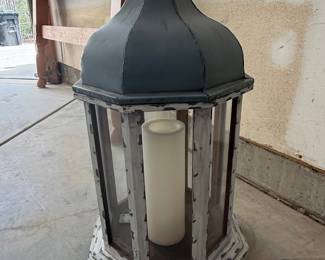 Distressed White and Dark Gray Octagonal Lantern with LED Candle