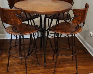 Arhaus "Kenya" Copper Top Bar Table with Leather Swivel Bar Stools
