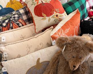 Decorative pillows, vintage teddy bear