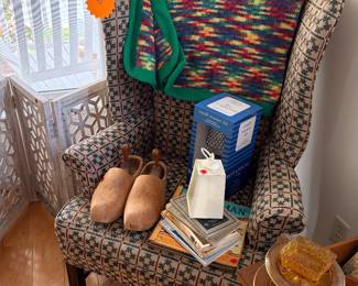 Side chair, crocheted blanket