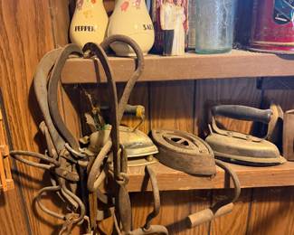 Antique Irons, Ice Tongs , bottles and more