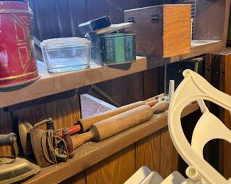 Antique Tins, Rolling Pins , Irons and more