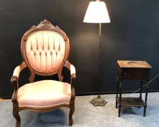 Vintage Upholstered Victorian Style Armchair, Decorative Metal Floor Lamp, And Vintage Smoking Stand