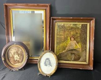 Three Vintage Paintings And Vintage Mirror 