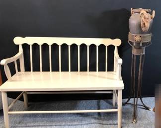 Wooden Bench And Decorative Rams Head Urn 