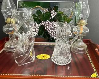 Two Lanterns, Oil Candle, Glass Pitcher,Tray With Tray Table, Stained Glass Art