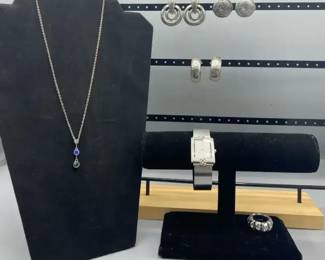 Silver Tone Earrings, Necklace, Watch And A Ring 