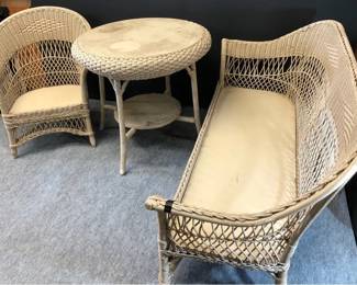 Vintage Wicker Set W  Table, Chair, Rocker, And Loveseat 