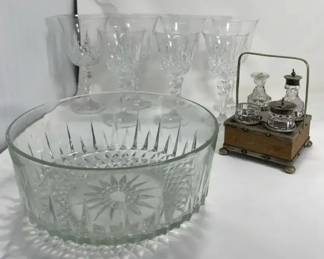 Glasses, Serving Bowl, And Vintage Salt Pepper And Spices Set