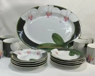 Fairfield White Orchard Platter, Saucers. And Mugs 