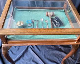 Small Curio Glass Display Table With Sterling Silver  Other Contents 