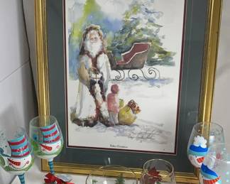 Christmas Wine Glasses, Spode Salad Bowl, Father Christmas Watercolor Print Gauey Sanders Fisher