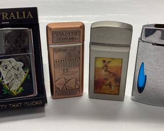 3) AUSTRALIA SOUVENIR LIGHTERS AND VTG. SCRIPTO BLUE FLAME FLUID WINDOW BUTANE LIGHTER