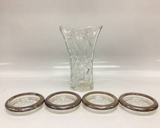  VTG ANCHOR HOCKING CRYSTAL VASE WITH 4 SILVER-PLATE CRYSTAL COASTERS
