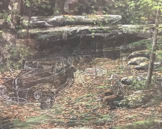 KING, W- S, NC ARTIST TIM BRUCE GHOST SERIES SIGNED #11/150 DEEP WOODS MOON FRAMED PRINT, OLD TIMERS PREPARING TO MAKE MOONSHINE DOWN BY THE CREEK