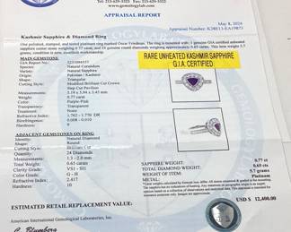 PLATINUM SAPPHIRE & DIAMOND RING, SIZE 7.25, G.I.A. CERTIFIED RARE UNHEATED KASHMIR SAPPHIRE, 0.77ct SAPPHIRE, 0.65cts DIAMONDS, 5.7g TOTAL WEIGHT, AIGL APPRAISAL $12,400.00