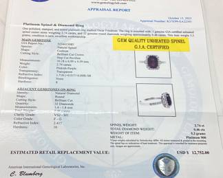 PLATINUM SPINEL & DIAMOND RING, SIZE 7.25, G.I.A. CERTIFIED UNHEATED SPINEL, 2.74ct SPINEL, 0.46cts DIAMONDS, 5.3g TOTAL WEIGHT, AIGL APPRAISAL $12,752.00