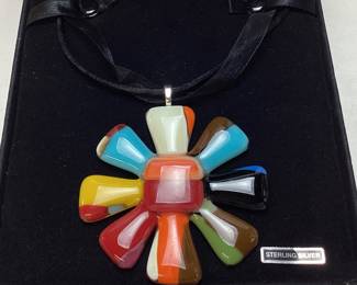  ART GLASS FLOWER PENDANT w STERLING SILVER BAIL