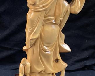  HAND CARVED WOOD CHINESE MOTHER & CHILD w DOG SCULPTURE, 9in H