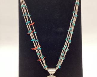 VTG. NAVAJO A. C. HENRY STERLING SILVER KOKOPELLI with NATURAL TURQUOISE AND CORAL NECKLACE