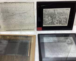 ANTIQUE REVOLUTIONARY WAR ERA LANTERN GLASS SLIDE PLATES, 1777 LETTER SIGNED BY JOHN NIXON & JOHN WHARTON, VARIOUS LETTERS DATED 1778 & 1779, ELEAZER OSWALD PORTRAIT, FORT GEORGE POWDER HORN, THE DEPLORABLE STATE OF AMERICA OR SC-H GOVERNMENT BRITISH CARTOON, AMERGIO VESPUCCI EXPLORER WITH EASTMAN LANTERN SLIDE PLATES BOX & SEEDâ€™S DRY PLATES BOX