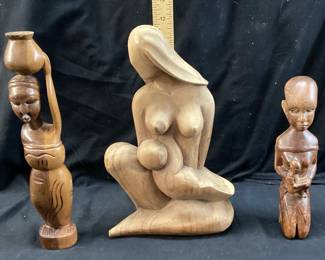 (3) HAND CARVED WOODEN MOTHER DAUGHTER SCULPTURES