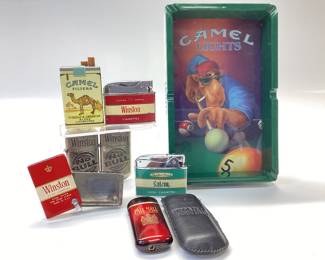 VINTAGE CAMEL, WINSTON, PALLMALL AND SALEM LIGHTERS, ASHTRAY AND MATCHBOX