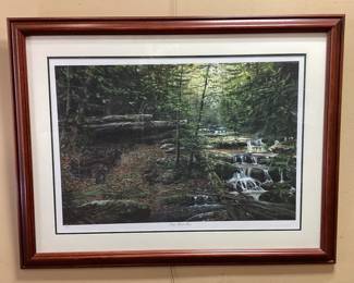 KING, W- S, NC ARTIST TIM BRUCE GHOST SERIES SIGNED #11/150 DEEP WOODS MOON FRAMED PRINT, OLD TIMERS PREPARING TO MAKE MOONSHINE DOWN BY THE CREEK